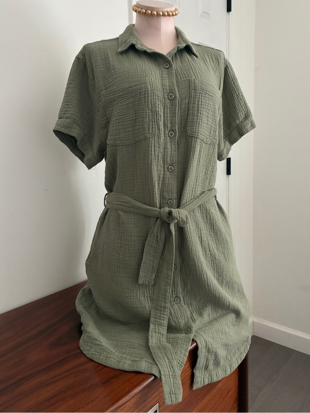 Weatherproof Olive Green Button-Front Gauze Shirt Dress with Tie Waist Small